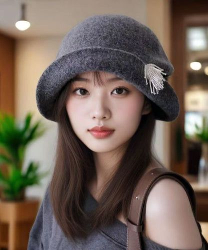 Grey Pearl Head Ornaments Woolen Bucket Hat