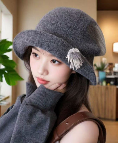 Grey Pearl Head Ornaments Woolen Bucket Hat