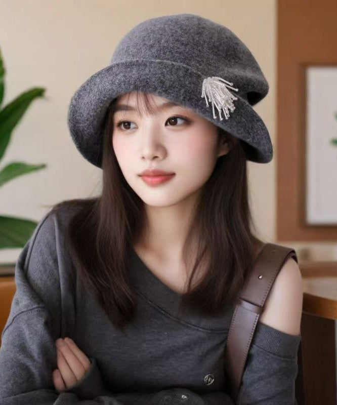 Grey Pearl Head Ornaments Woolen Bucket Hat