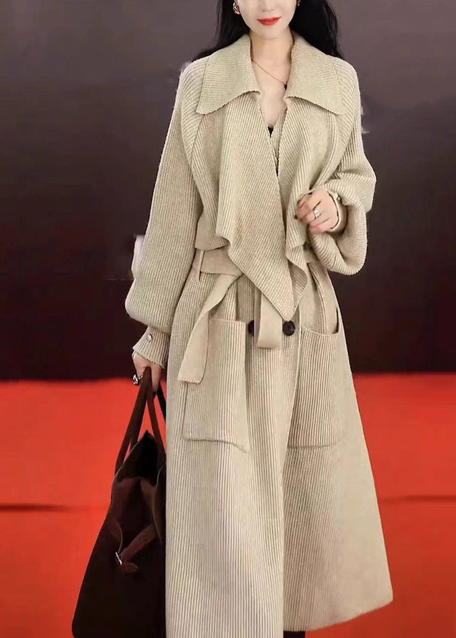 Grey Peter Pan Collar Pockets Tie Waist Knit Long Coats Spring