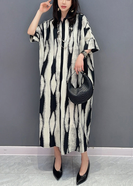 Grey Peter Pan Collar Print Patchwork Cotton Shirts Dress Summer