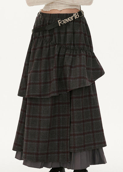 Grey Plaid False Two Pieces Patchwork Cotton Skirts Spring