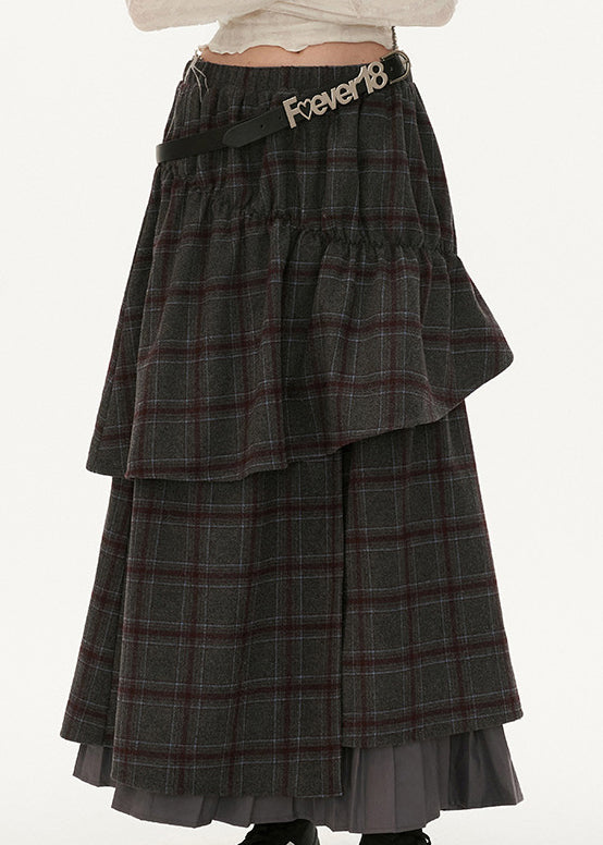 Grey Plaid False Two Pieces Patchwork Cotton Skirts Spring