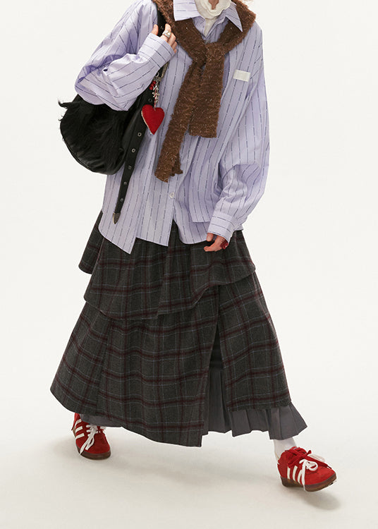 Grey Plaid False Two Pieces Patchwork Cotton Skirts Spring