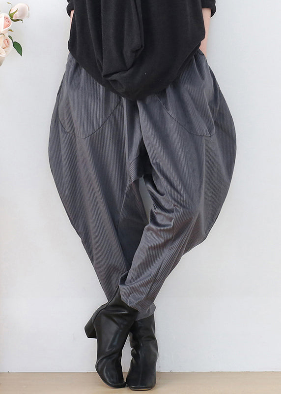 Grey Pockets Patchwork Elastic Waist Corduroy Lantern Pants Fall