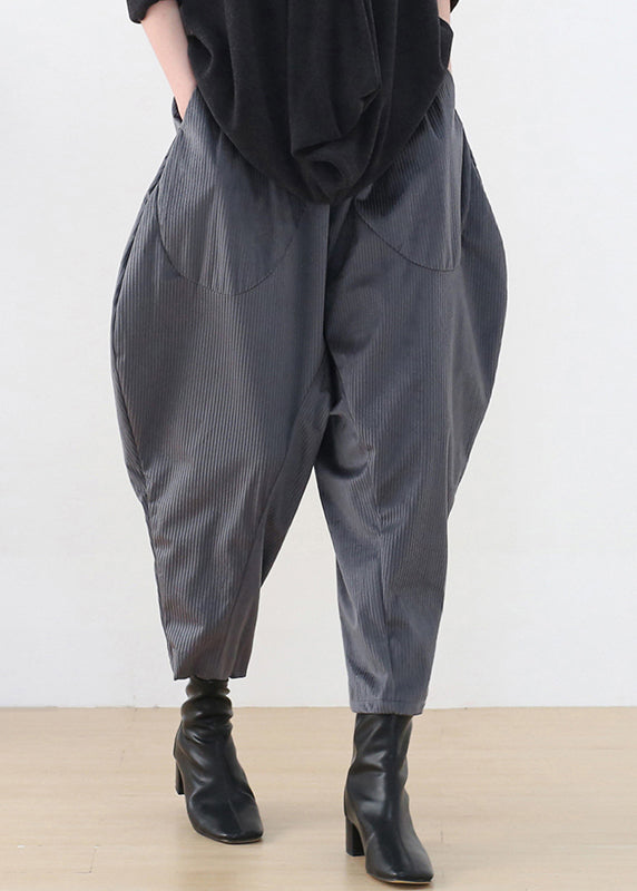 Grey Pockets Patchwork Elastic Waist Corduroy Lantern Pants Fall