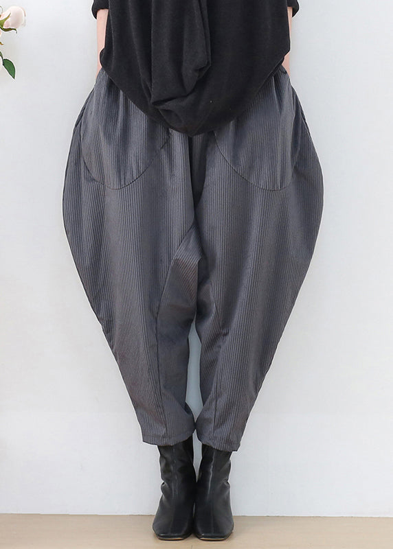 Grey Pockets Patchwork Elastic Waist Corduroy Lantern Pants Fall