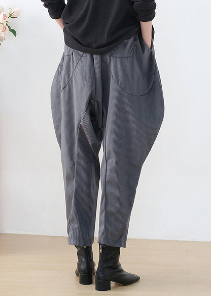Grey Pockets Patchwork Elastic Waist Corduroy Lantern Pants Fall