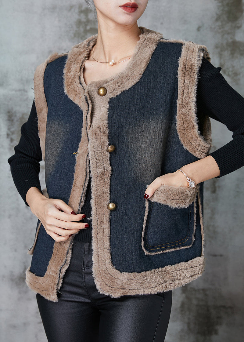 Grey Pockets Patchwork Warm Fleece Denim Vests Spring