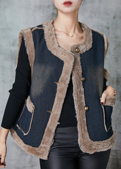 Grey Pockets Patchwork Warm Fleece Denim Vests Spring