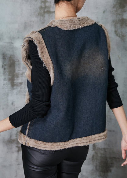 Grey Pockets Patchwork Warm Fleece Denim Vests Spring