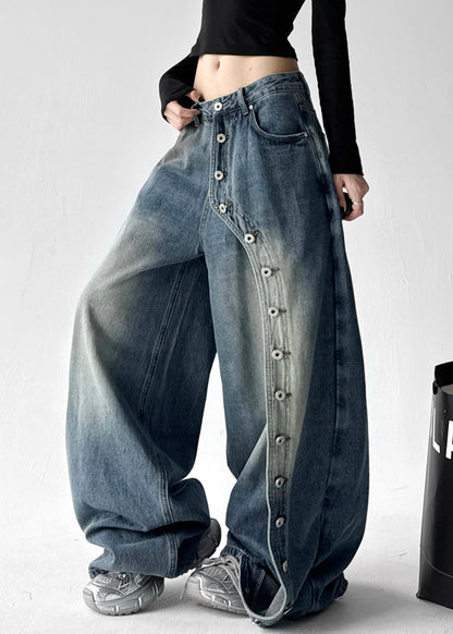 Grey Pockets Rivet Patchwork Denim Wide Leg Pants Fall