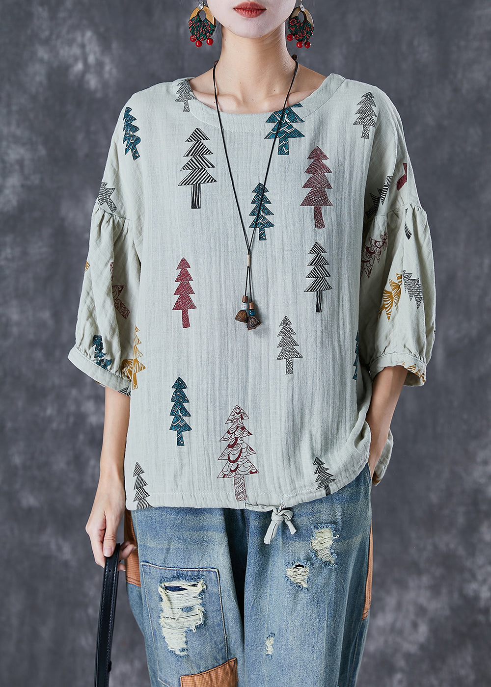 Grey Print Drawstring Cotton Top Lantern Sleeve