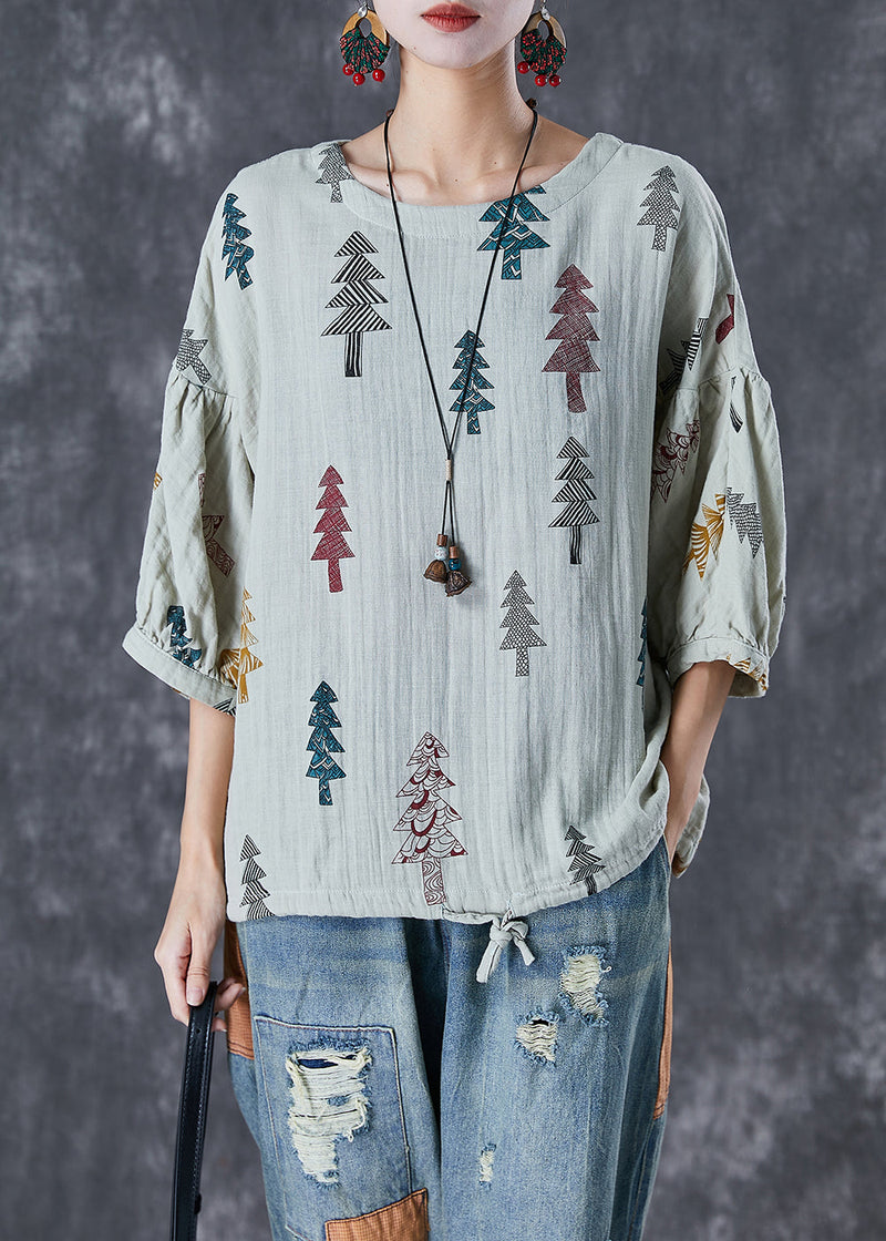 Grey Print Drawstring Cotton Top Lantern Sleeve