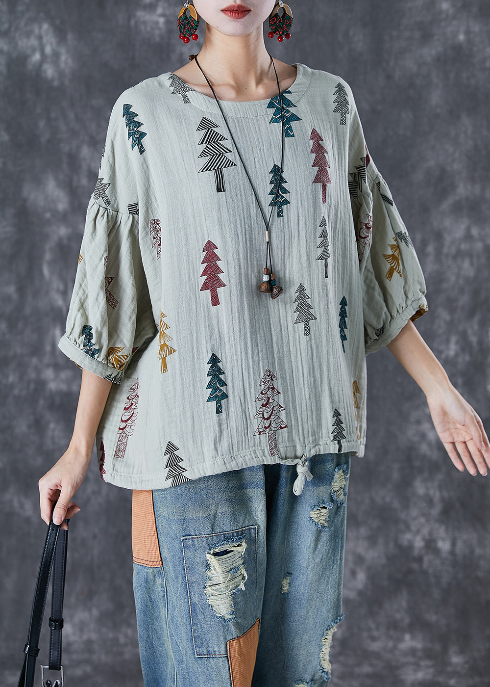 Grey Print Drawstring Cotton Top Lantern Sleeve