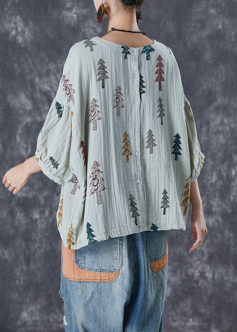 Grey Print Drawstring Cotton Top Lantern Sleeve