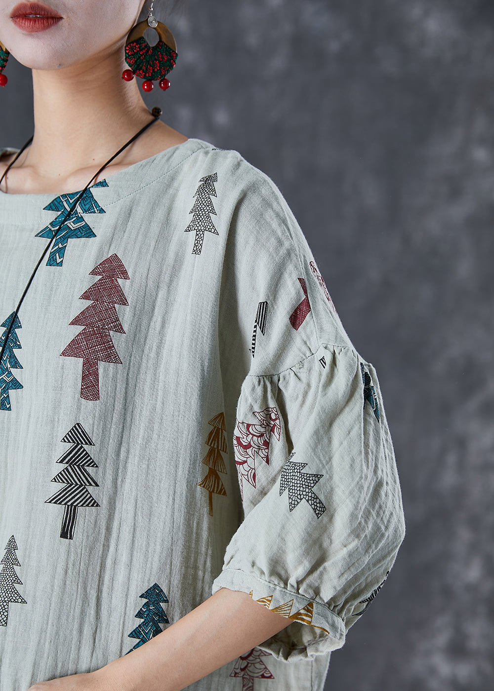 Grey Print Drawstring Cotton Top Lantern Sleeve