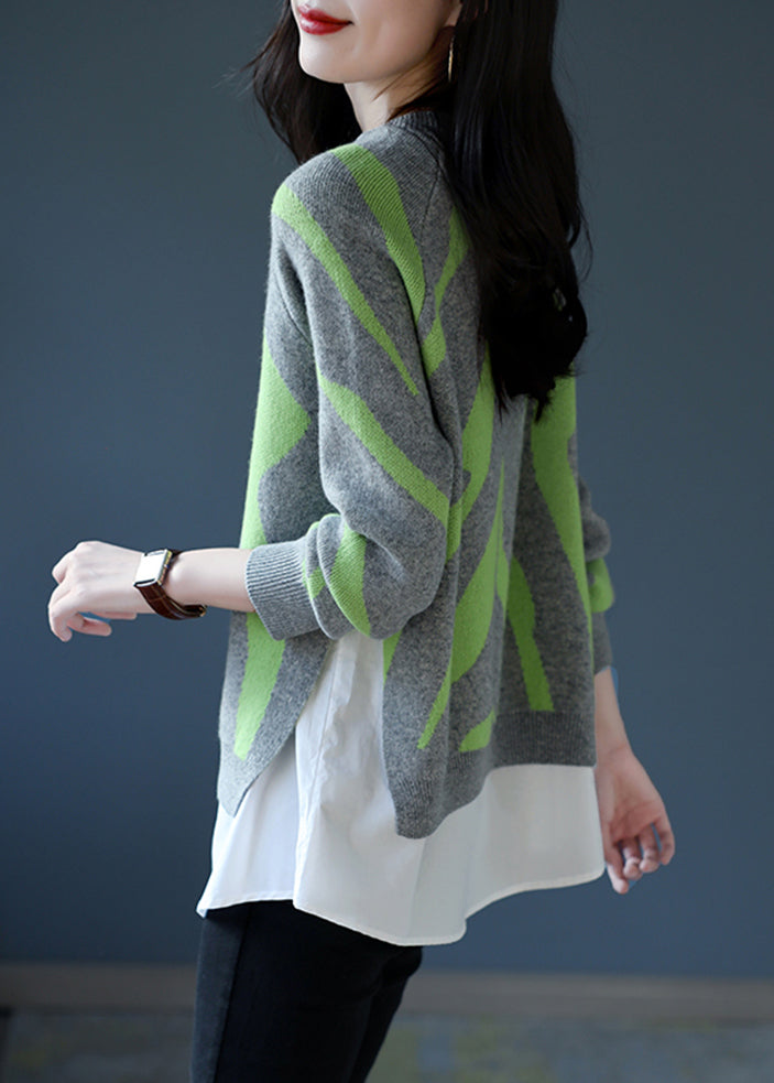 Grey Print Patchwork Wool Knit Fake Two Piece Pullover Tops Winter