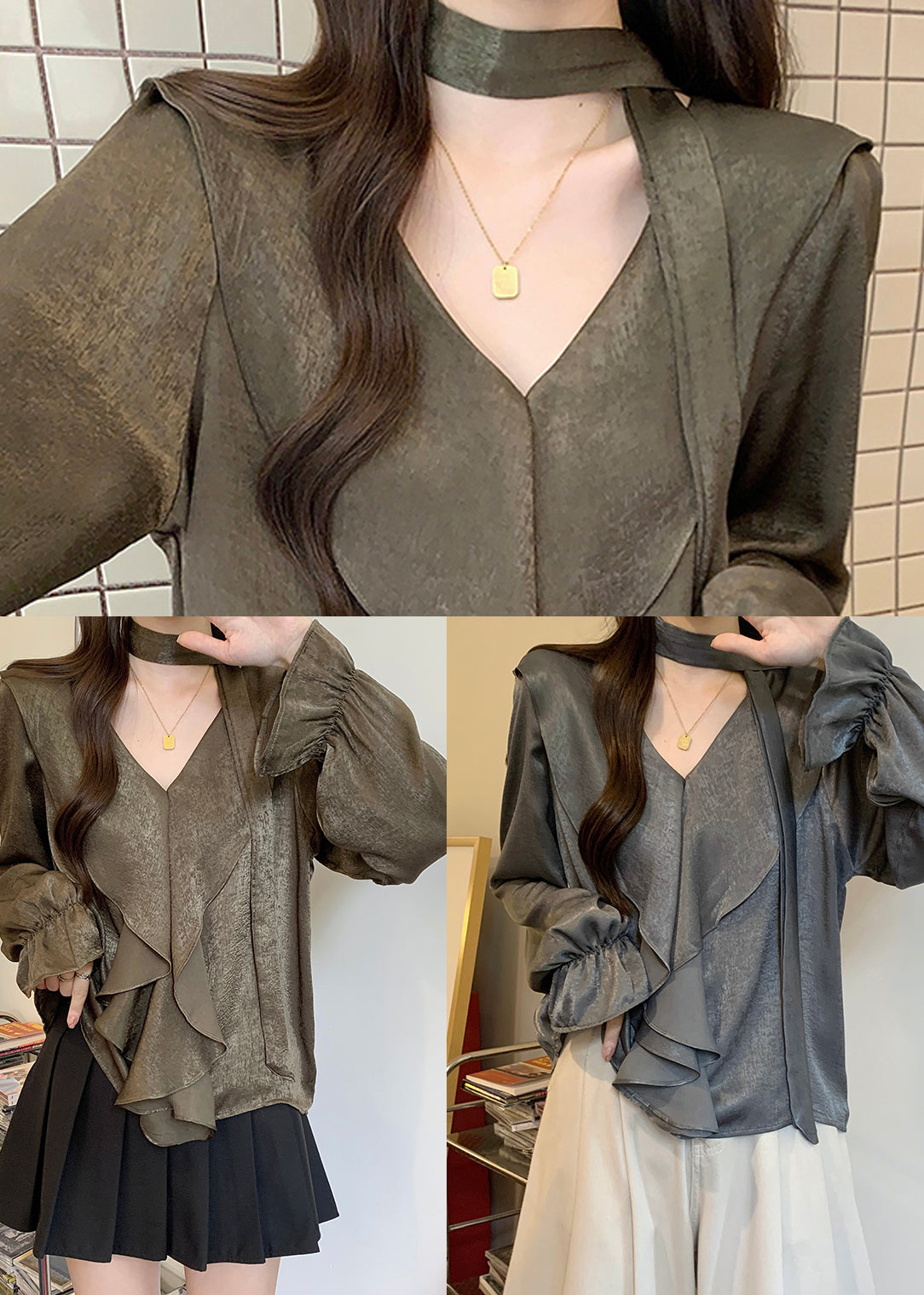 Fashion Grey Ruffles Oversized Chiffon Shirts Fall