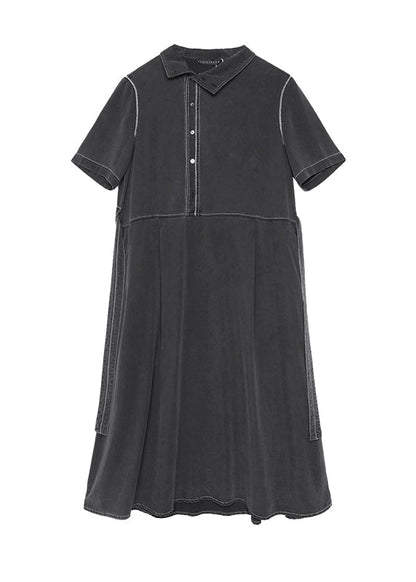 Grey Stand Collar Lace Up Patchwork Denim Dress Summer
