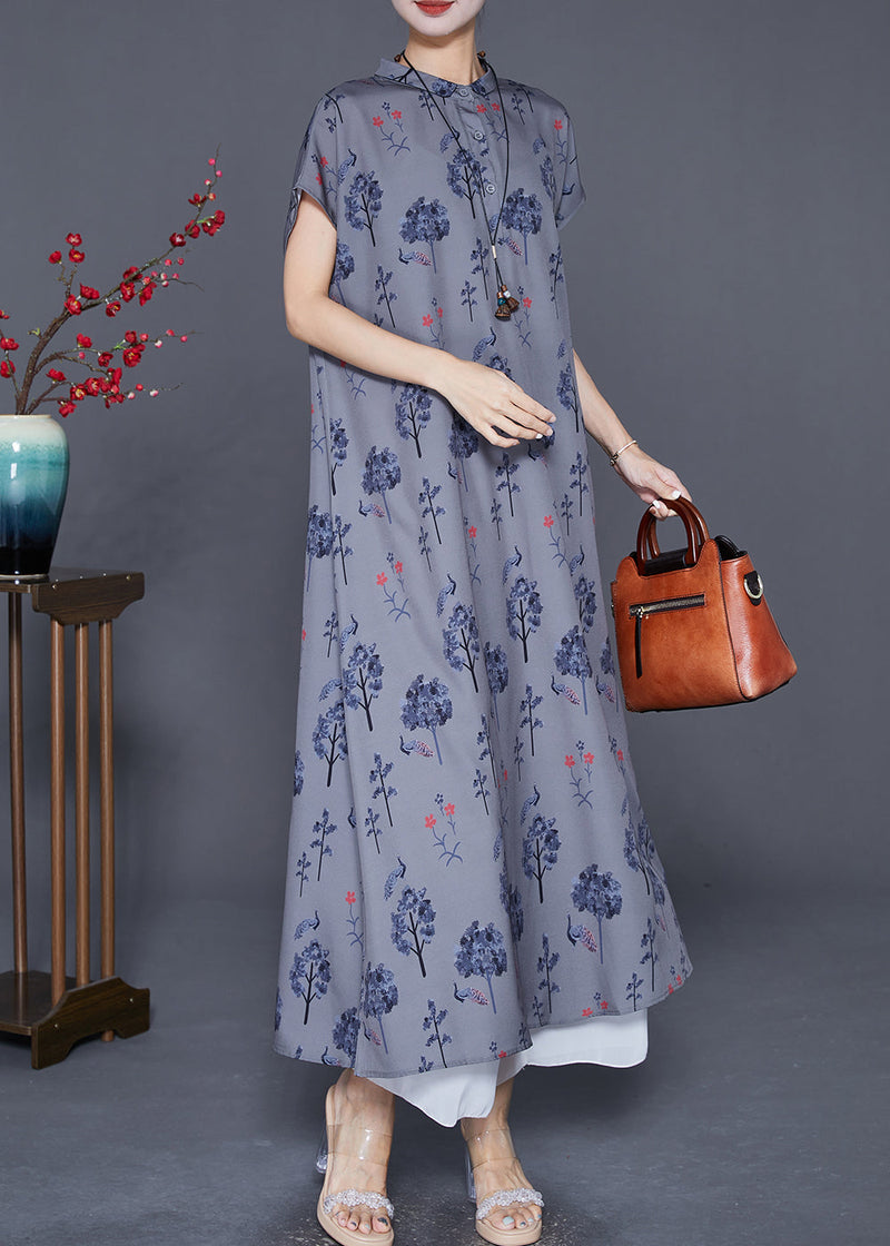 Grey Stand Collar Print Chiffon Maxi Dress Summer