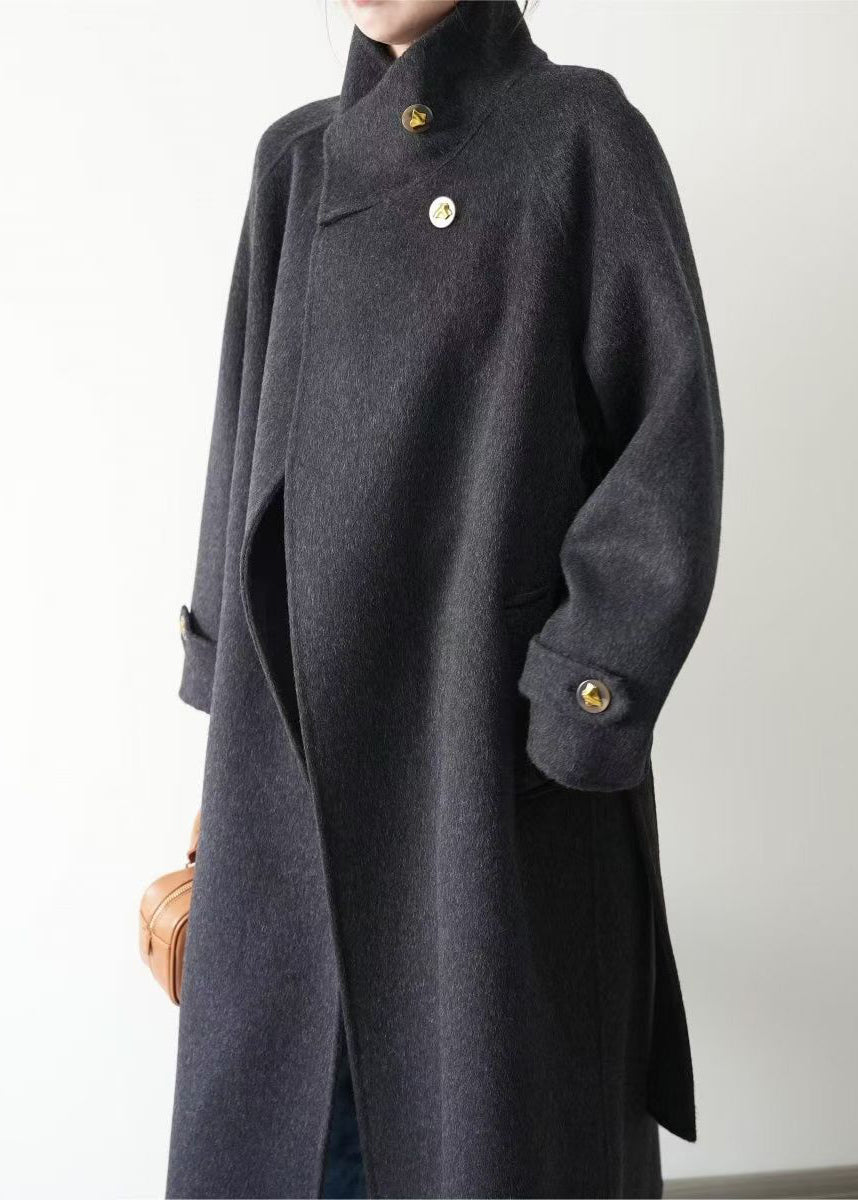 Grey Stand Collar Tie Waist Woolen Trench Winter