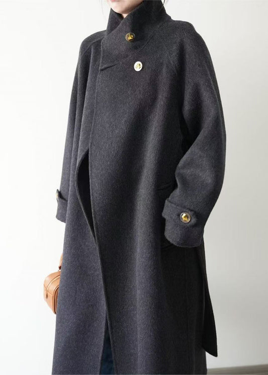 Grey Stand Collar Tie Waist Woolen Trench Winter