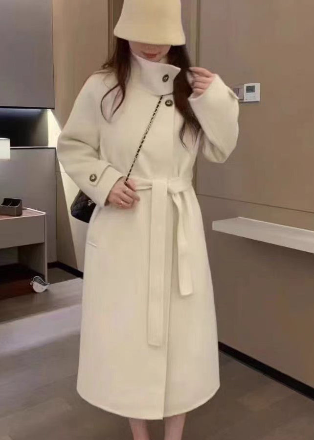 Grey Stand Collar Tie Waist Woolen Trench Winter