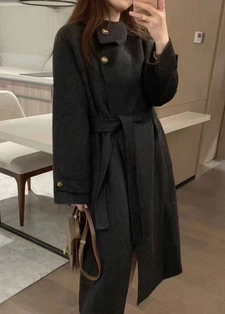 Grey Stand Collar Tie Waist Woolen Trench Winter