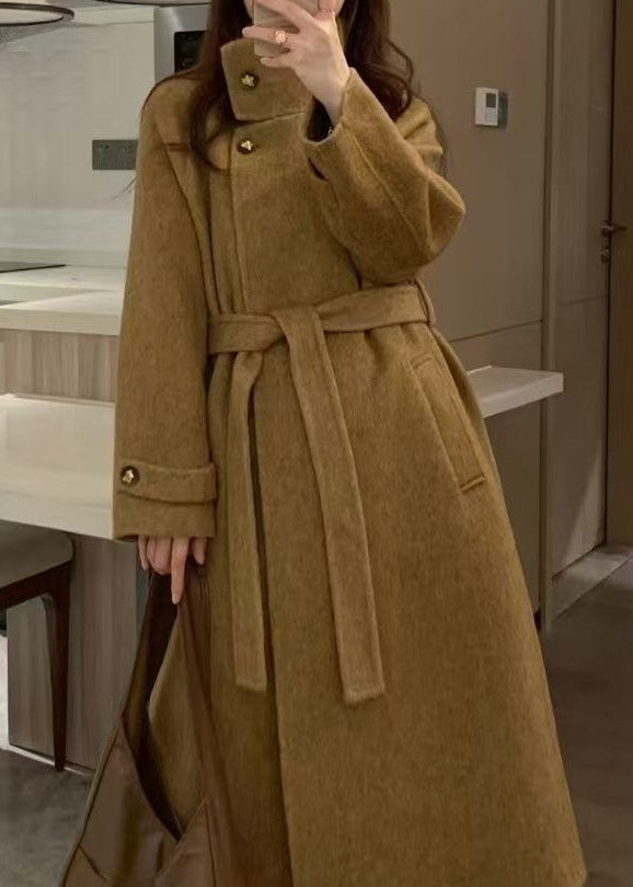 Grey Stand Collar Tie Waist Woolen Trench Winter