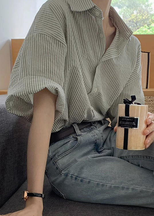 Grey Striped Peter Pan Collar Button Cotton Blouses Summer