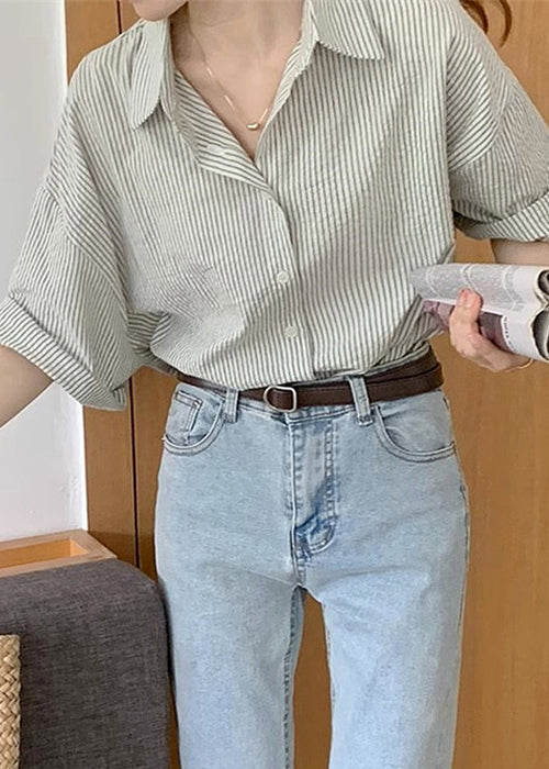 Grey Striped Peter Pan Collar Button Cotton Blouses Summer