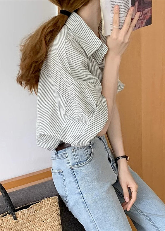 Grey Striped Peter Pan Collar Button Cotton Blouses Summer