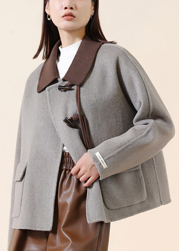 Grey Tasseled Patchwork Chinese Button Wool Coats Winter