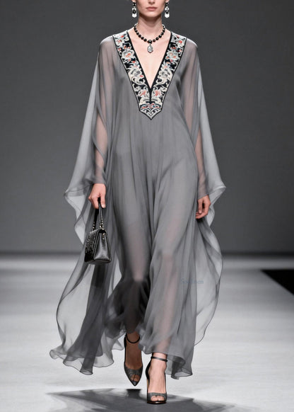 Grey V Neck Print Patchwork Chiffon Maxi Dresses Spring