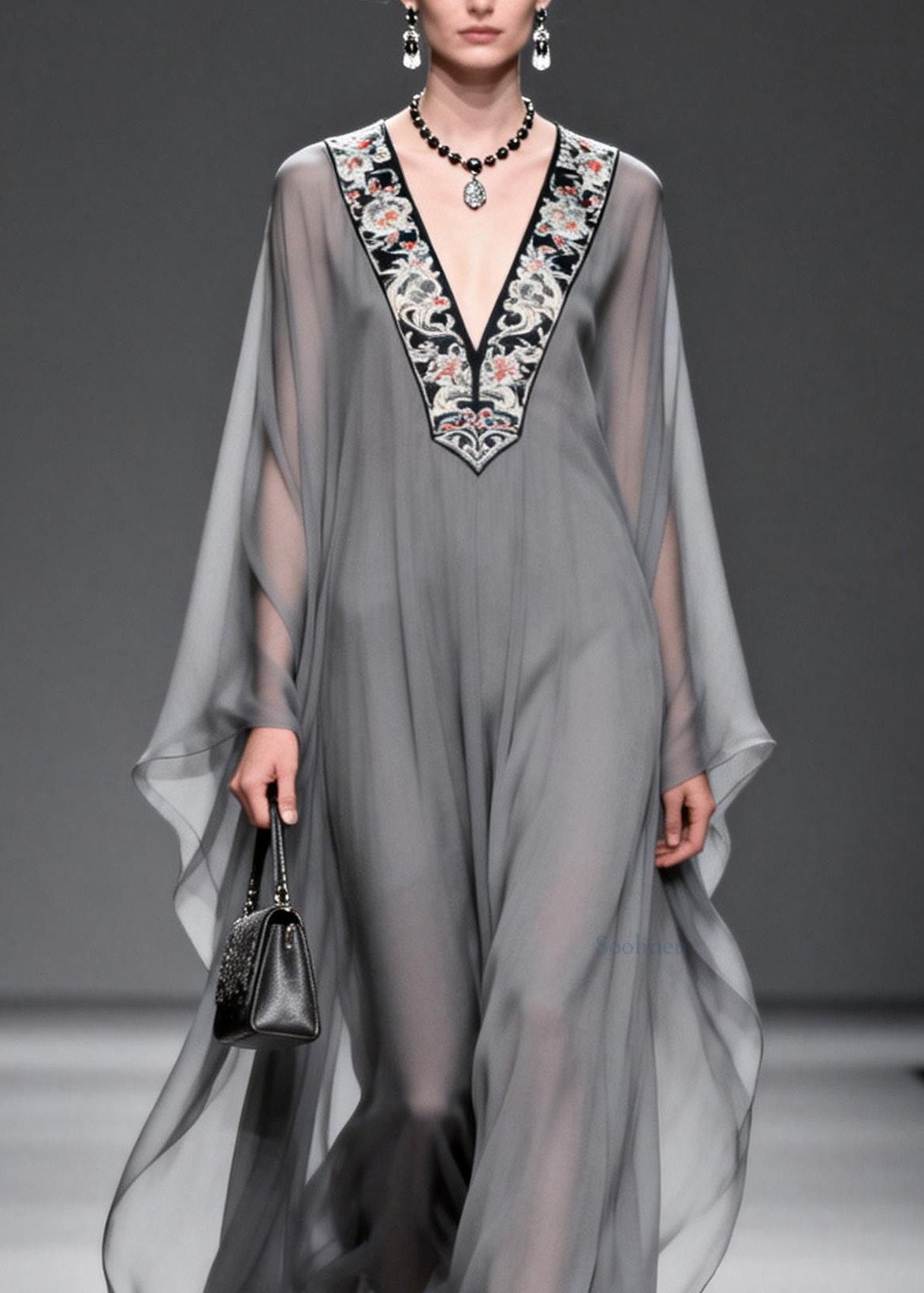 Grey V Neck Print Patchwork Chiffon Maxi Dresses Spring