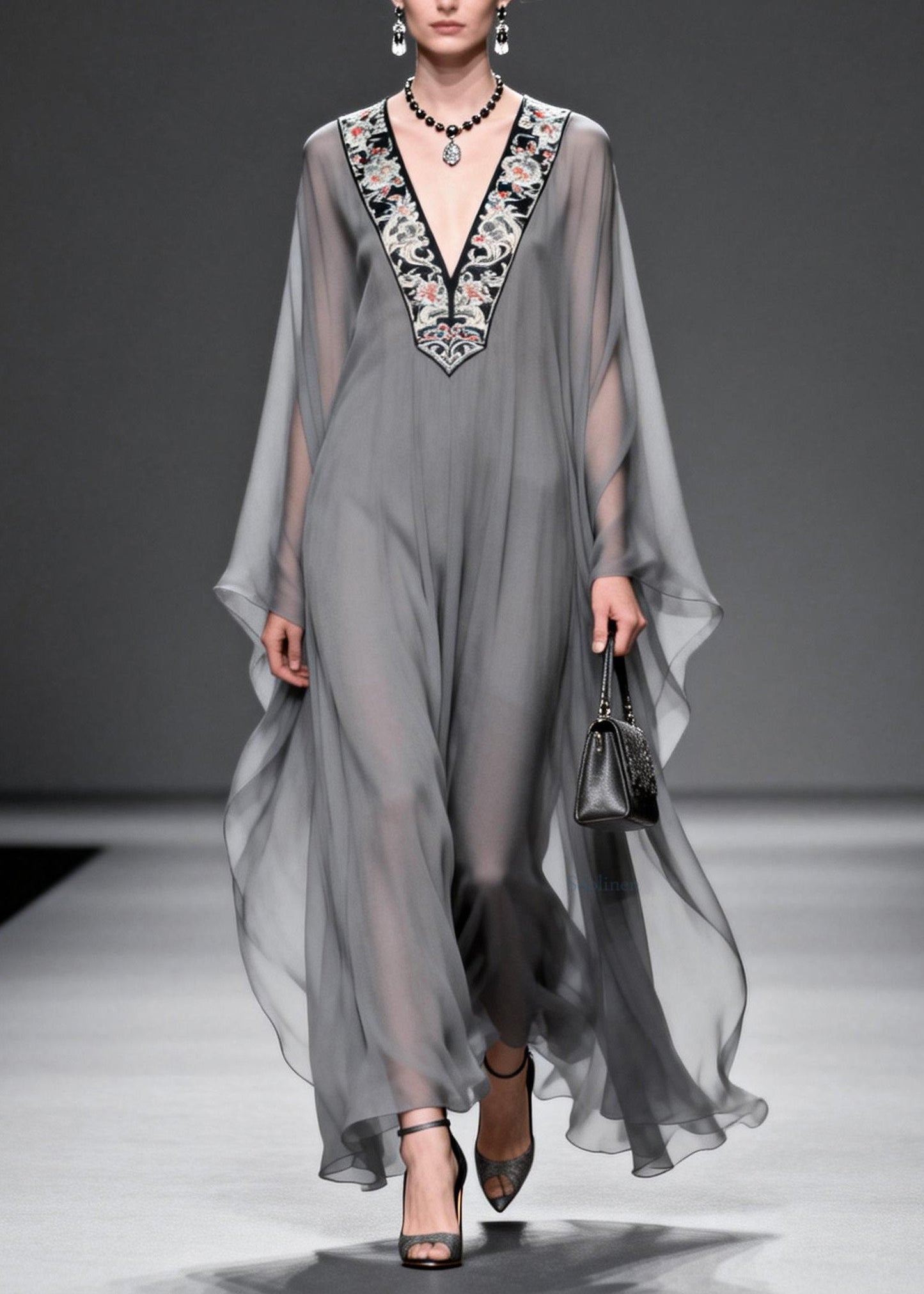 Grey V Neck Print Patchwork Chiffon Maxi Dresses Spring
