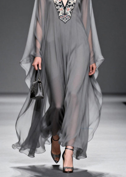Grey V Neck Print Patchwork Chiffon Maxi Dresses Spring