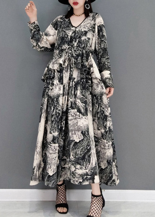 Grey V Neck Print Tie Waist Chiffon Long Dress Long Sleeve