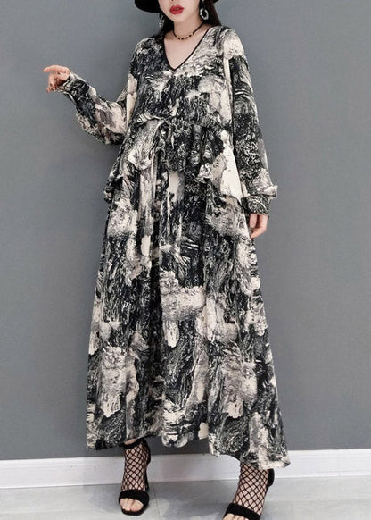 Grey V Neck Print Tie Waist Chiffon Long Dress Long Sleeve