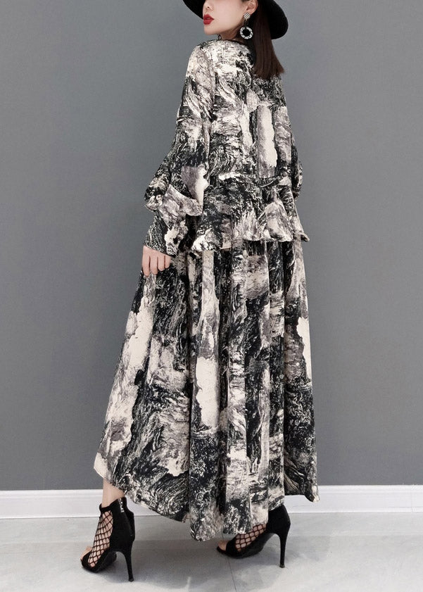 Grey V Neck Print Tie Waist Chiffon Long Dress Long Sleeve