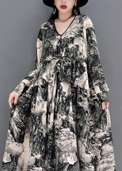 Grey V Neck Print Tie Waist Chiffon Long Dress Long Sleeve