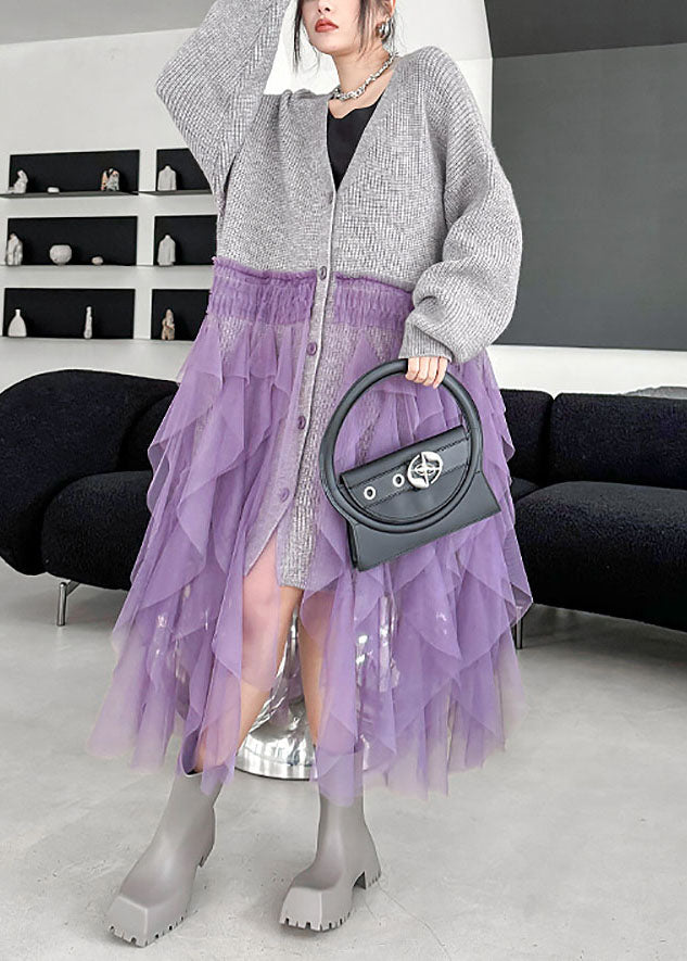 Grey V Neck Tulle Patchwork Knit Cardigans Fall