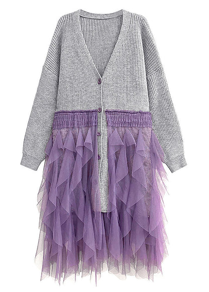 Grey V Neck Tulle Patchwork Knit Cardigans Fall