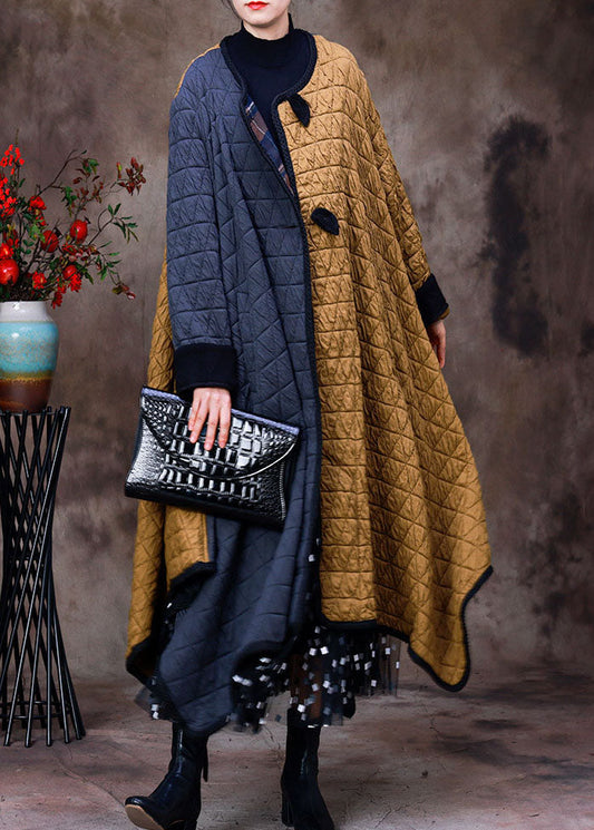 Grey Yellow Asymmetrical Pockets Patchwork Fine Cotton Filled Witner Coats Winter