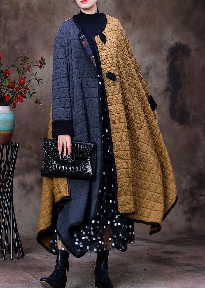 Grey Yellow Asymmetrical Pockets Patchwork Fine Cotton Filled Witner Coats Winter