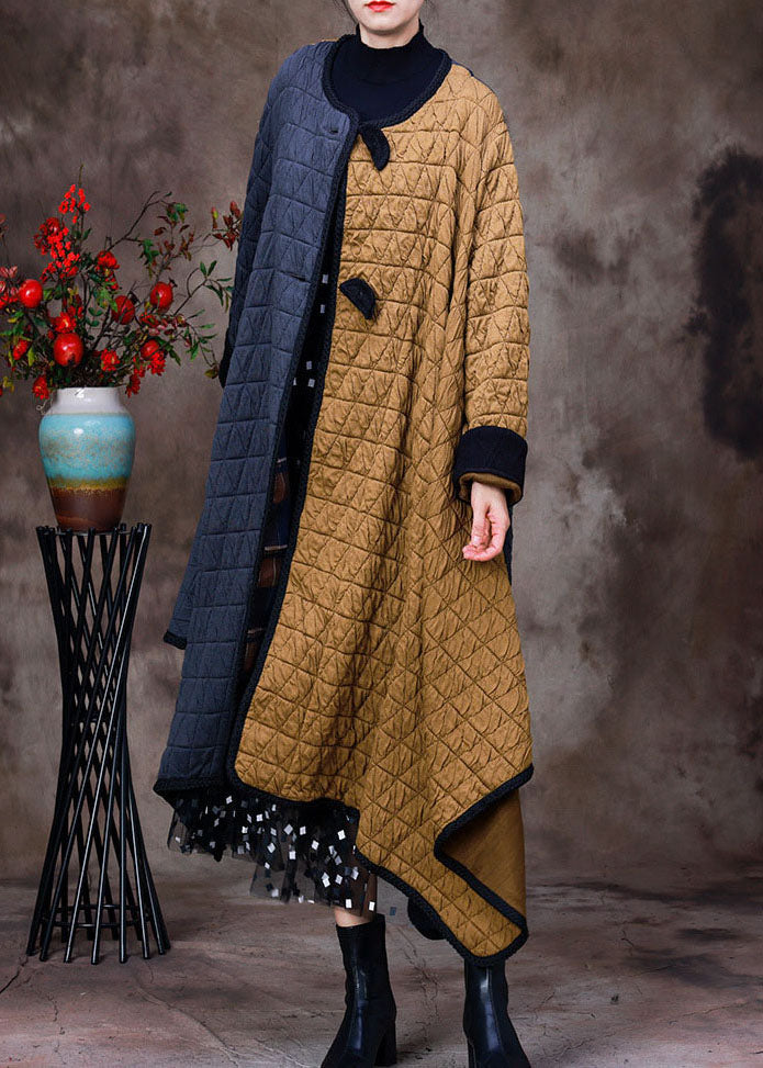 Grey Yellow Asymmetrical Pockets Patchwork Fine Cotton Filled Witner Coats Winter