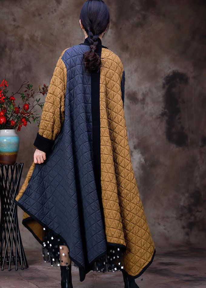 Grey Yellow Asymmetrical Pockets Patchwork Fine Cotton Filled Witner Coats Winter
