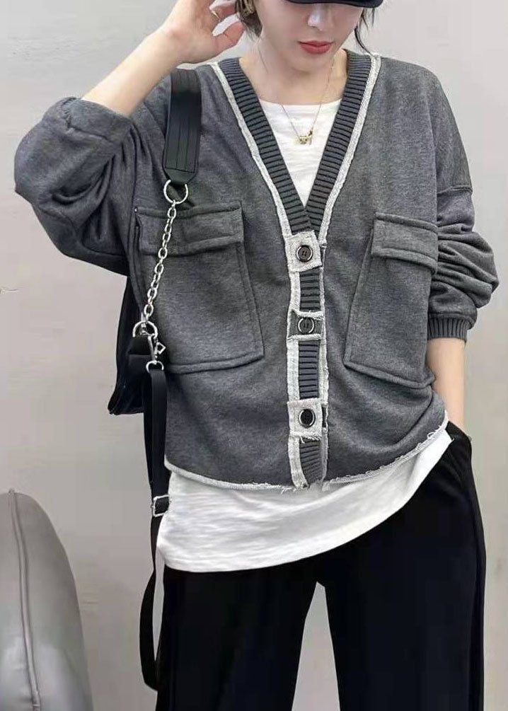 Grey Button V Neck Pockets Coats Spring