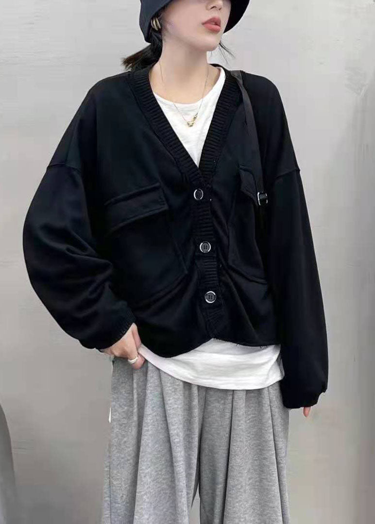 Grey Button V Neck Pockets Coats Spring
